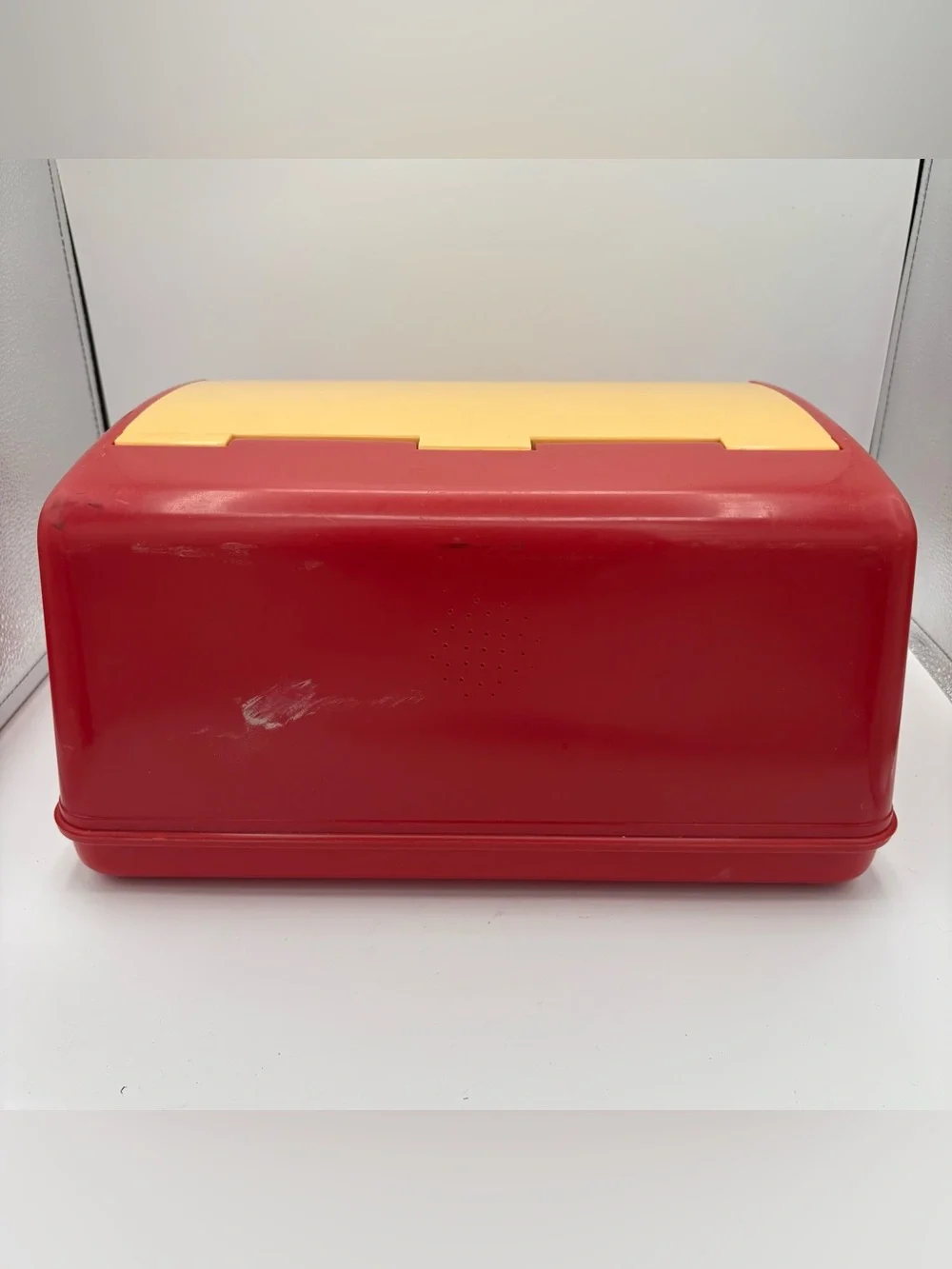 Vtg MCM 50’s Retro Kitchen Lustro Ware Bread Box B-20 Red Yellow Plastic Decor